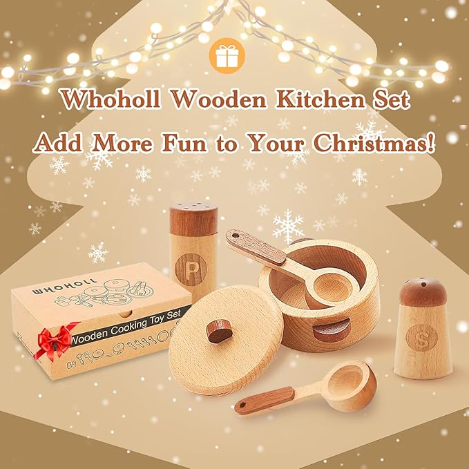 WHOHOLL Play Kitchen Accessories, Wooden Kitchen Set for Kids Ages 3-5 - Montessori Cooking Toys with Toy Pots and Pans (Large)