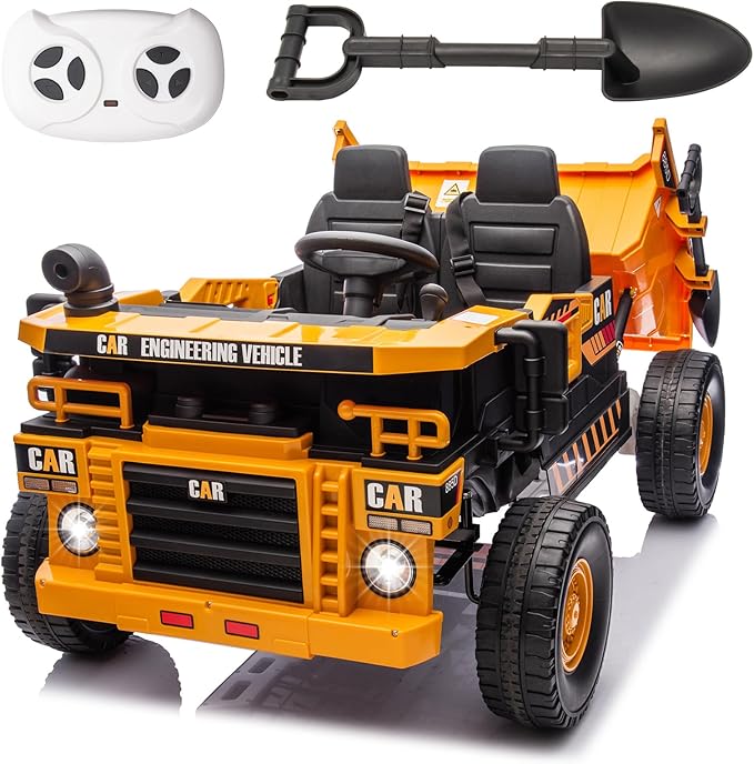 24V 4WD 2-Seater XL Kids Ride on Truck Electric Toy Car with Electric Dump Bed, Parents Remote Control Kids Car Tractor Toys Ride-on Dump Truck for Boys and Girls Ages 3+, Yellow