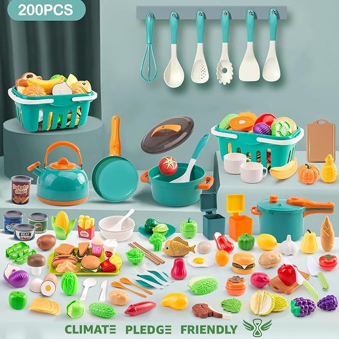 200Pcs Mini Play Kitchen Accessories for Kids, Pretend Cooking Playset with Cookware, Tableware & 2 Fruit Sets, Learning Gift for Girls, Boys, Toddlers, Green