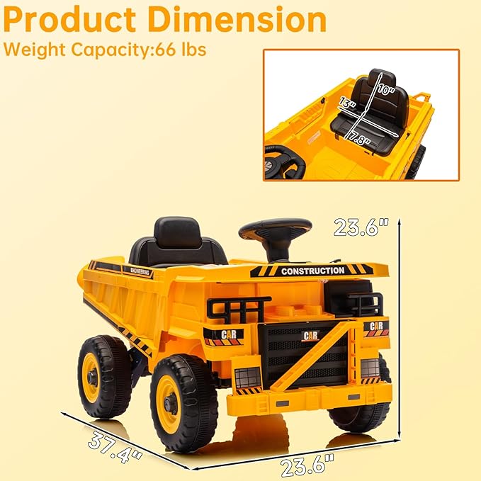 Ride On Construction Truck, 12V Battery Powered Ride On Car with Remote Control, Kids Electric Vehicle with Shovel, Speaker, Yellow