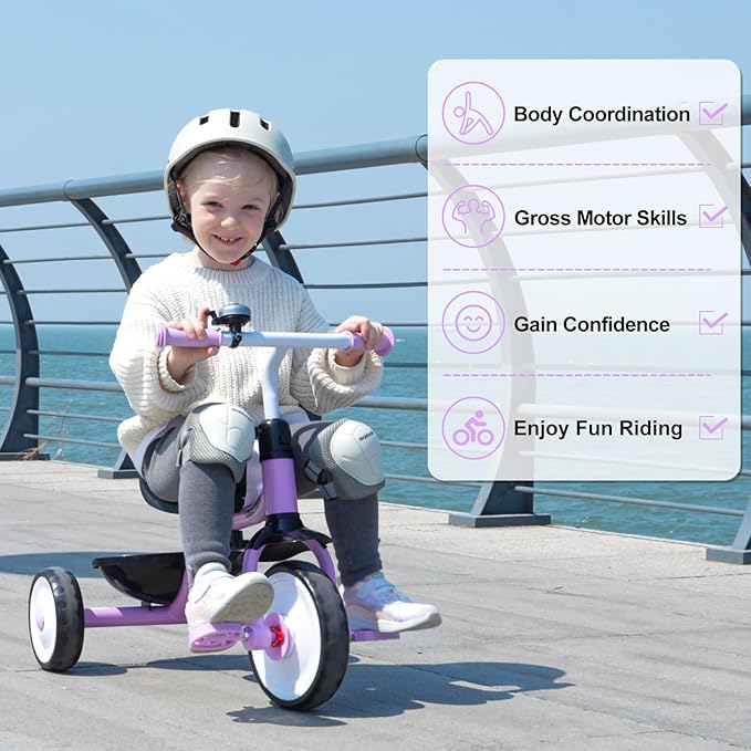 Liberry 2 in 1 Toddler Tricycle Age 2 3 4 Years Old, Kids Trike with Adjustable Push Handle, Bell & Basket, 3 Wheel Bike Riding Toy Birthday for Girls Boys, Purple