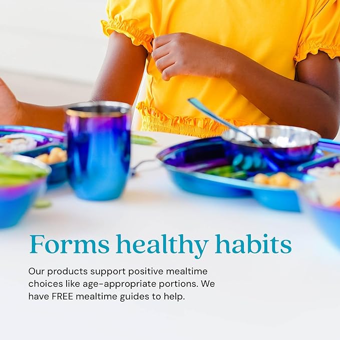 Ahimsa Stainless Steel Kids Dinnerware Set, Pediatrician Designed, 5 Piece Toddler Plates and Bowls Set, Stainless Steel Divided Plate, Cup and Kids Utensils, Blue