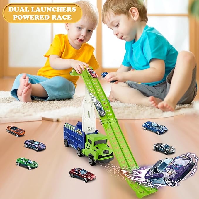 Toddler Car Truck Toys,Car Carrier Truck Toys for Kids Age 3-5 4-8,Foldable Car Track Sets with 2.8-Ft Race Track and 6 Die-Cast Race Cars, Truck Toys Gifts for 3 4 5 6 7 8+ Year Old Boys Girls(Green)