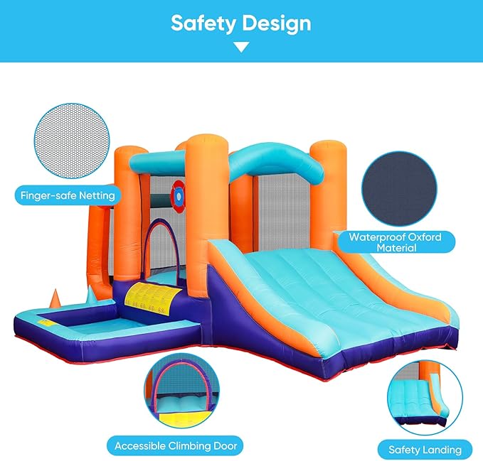 TABU Inflatable Bounce House with Slide, Kids Bounce Castle for Indoor Outdoor Play, Jumping Castle with Air Blower, Ball Pit Pool, Basketball Hoop & Football Goal, for Kids Aged 3-8 (158x116x72.8IN)