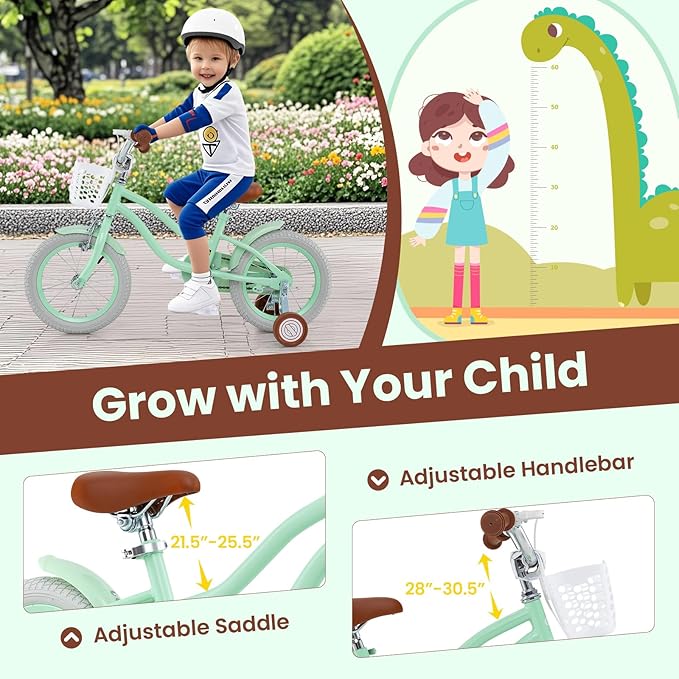 COSTWAY Kids Bike, 12 14 16 18 Inch Toddler Bike Children Bicycle w/Training Wheels, Hand & Coaster Brakes, Adjustable Saddle & Handlebar, Basket, Bell, Kids Bicycle for Girls Boys Aged 3-8 Years Old