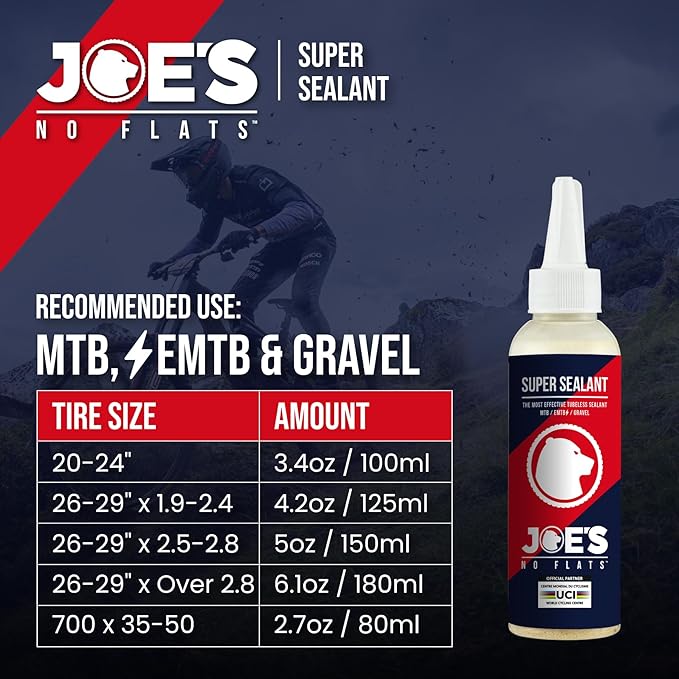 JOE'S NO FLATS Super Sealant - Gravel and MTB Bike Tires - Ultra-Fast Sealing for Tubeless and Inner Tubes | for Holes up to 0.25 Inches | Ready to Use Effective Puncture Seal