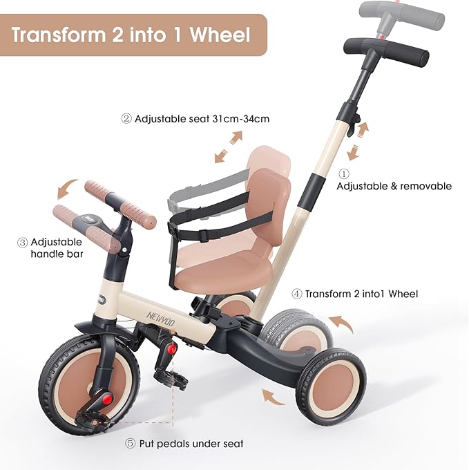 newyoo Toddler Tricycle with Push Handle for 1-3 Year Old, Toddler Bike, Birthday Gift and Toy for Boys and Girls, 5 in 1 Kids Trike, Balance Bike with Backrest and Safety Belt, Khaki, TR007
