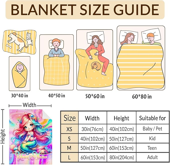 Personalized Blanket Gifts for Girls, Mermaid Throw Blanket for Kids Teens, 80"x60" Custom Cute Blankets for Couch Sofa Bed Mermaid Stuff Bedroom Decor
