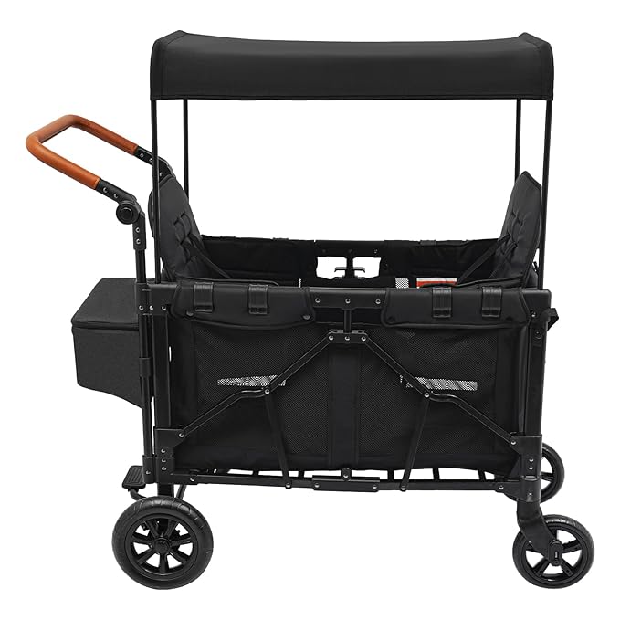 2-Seat Stroller Wagon for Kids, All-Terrain 4-Wheel Push Pull Wagon with 5-Point Harness & Sunshade, Foldable Double Wagon Cart with Adjustable Handle for 0-6 Years Old