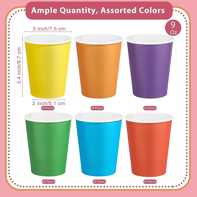144 Pieces Rainbow Paper Cups 9 Oz Disposable Coffee Paper Cups Multicolor Party Cup Beverage Drinking Cup for Wedding, Birthday, Holiday Party, DIY, and Picnic