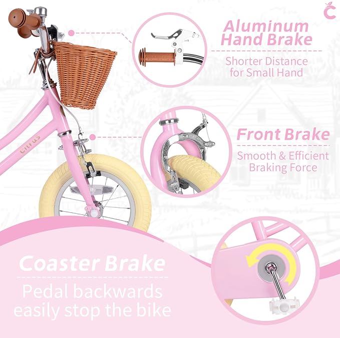 Girls Bike for Age 2-12 Years Old Kids Toddlers 12 14 16 18 20 Inches Retro Bicycles with Training Wheels Basket Bell Ring, Multiple Colors