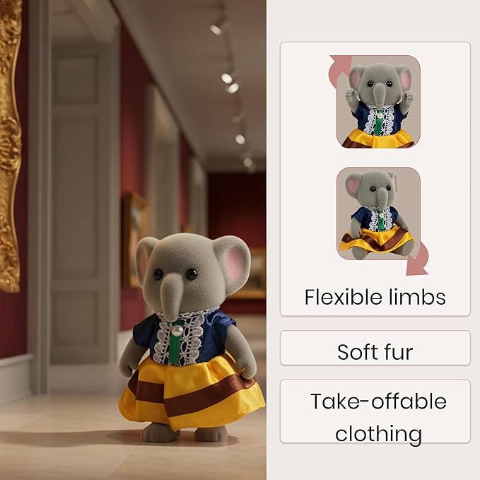 Family Gray Elephant Figures — Set of 3 Collectible Flocked Mini Dolls with Removable Clothes, Miniature Dollhouse Pretend Play Figures for Kids Ages 3+