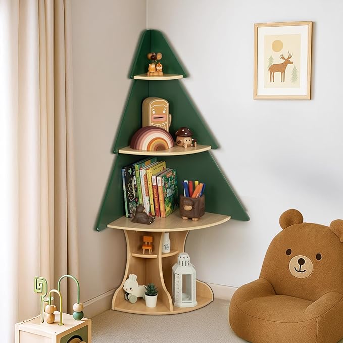 OOOK Kids Book Shelf Tree Bookshelf for Kids, Corner Bookshelf with Storage, Montessori Book Shelf for Classroom, Playroom, Bedroom, Nursery