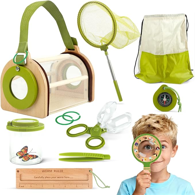 Bug Catcher Kit for Kids, Outdoor Explorer Toy Set with Butterfly Net, Wooden Magnifying Glass & Bug Container &Other Adventure Kit for Backyard Bugs Hunting and Camping Gifts for Boys Girls Age 3-12