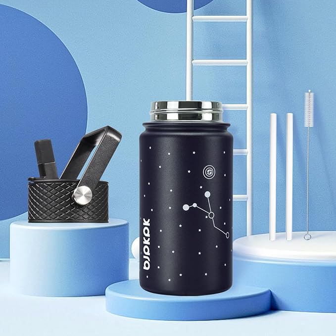 BJPKPK Water Bottle with Straw Lid, 15 oz Insulated Water Bottle, Stainless Steel Metal Water Bottles, Reusable Leak Proof BPA Free Thermo, Flask, Cups,Constellation-Cancer