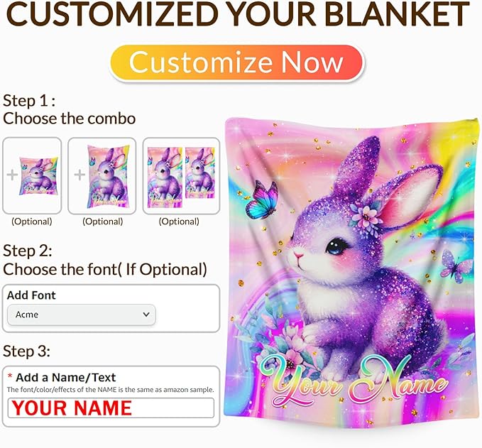 Personalized Blanket for Girls, Bunny Throw Blanket Gift for Kids Teens Adults, Custom 50"x40" Soft Cozy Blankets for Couch Sofa Bed Travel Bedroom Decor