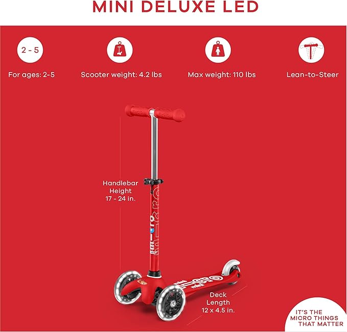 Micro Kickboard Mini Deluxe LED Three-Wheeled Lean-to-Steer Swiss-Designed Micro Scooter