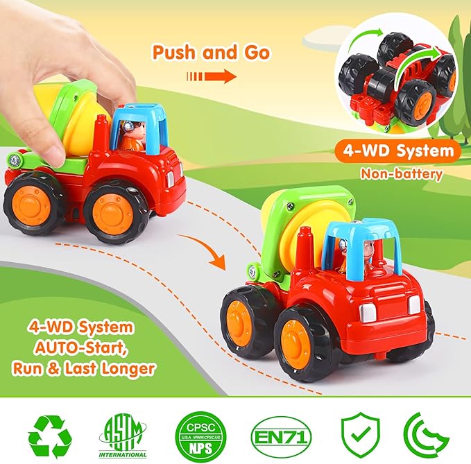 Inertia Toy Early Educational Toddler Baby Toy Friction Powered Cars Push and Go Cars Tractor Bulldozer Dumper Cement Mixer Engineering Vehicles Toys for Children Boys Girls Kids Gift 4PCS