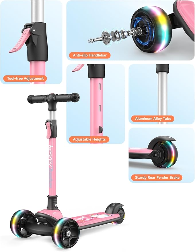 Besrey Kick Scooter for Kids Ages 3-10, 3-Wheel Folding Scooter with Adjustable Height, LED Light Wheels, Extra Wide Deck for Outdoor Activities
