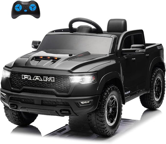 Ram 1500 Ride on Toys for Kids 4-8, Ride on Pickup Truck for Toddlers with Remote Control,12V Battery Powered Car with Trunk, Bluetooth, Music, Safety Belt (Black)