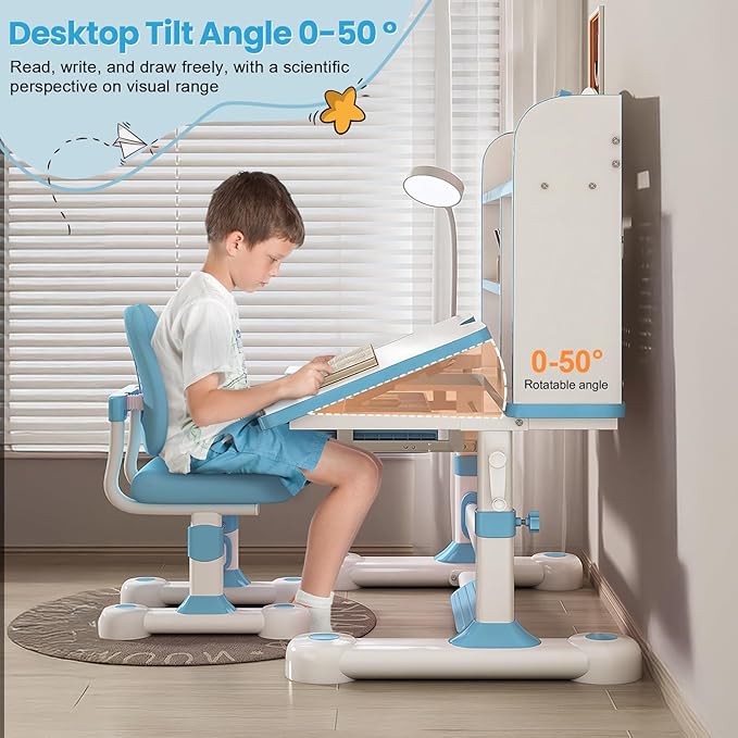 Kids Desk and Chair Set, Height Adjustable Study Table with Bookshelf & Storage Drawer, 0-50° Tiltable Desktop, Ergonomic Study Desk for Boys and Girls Ages 3-12 (Blue)