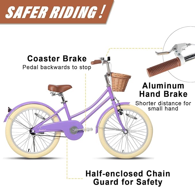 Glerc Little Molly 12-20 Inch Kids Retro Cruiser Bike for 2-13 Year Old with Wicker Basket & Training Wheels/Kickstand, Multiple Colors