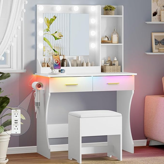 Makeup Vanity Desk with Mirror and Lights, Small Makeup Vanity Table Set with Drawers, Power Outlet & Storage Stool, White Vanity with 3 Lighting Modes LED for Women Girls Bedroom