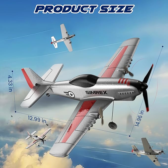 SIMREX RC Plane for Kids - 2.4GHz 3-Channel Remote Control Airplane Toy with 6-Axis Gyro, 2 Speeds, 2 Batteries, P51 RC Airplane, Foam Glider - Gift for Boys & Girls