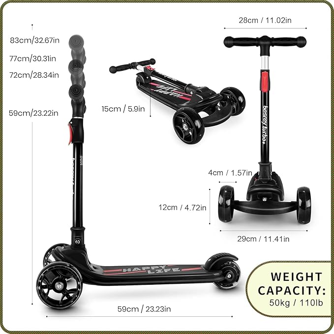 Besrey Kick Scooter for Kids Ages 3-10, 3-Wheel Folding Scooter with Adjustable Height, LED Light Wheels, Extra Wide Deck for Outdoor Activities