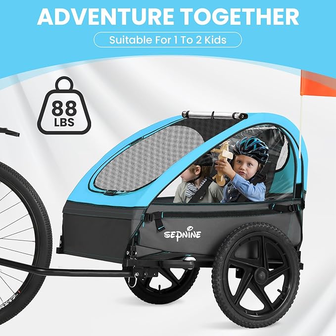 Sepnine Kids Bike Trailer, Suitable for 1 to 2 Kids, 12+ Months, Quick Attach to Bike, Foldable, with 5-Point Harness and Storage Bags