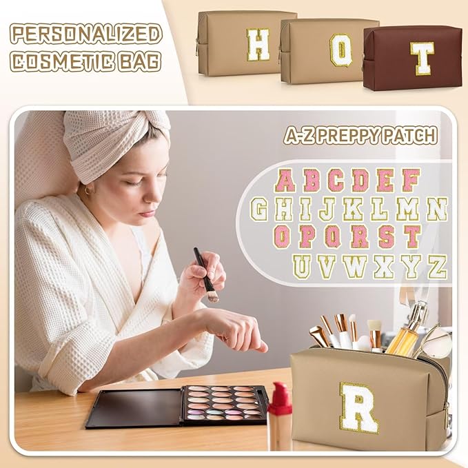 TOPEAST Birthday Gifts for Girls, Travel Makeup Bag Chenille Letter Pouch Cosmetic Bag, Makeup Travel Organizer, Monogrammed Bridesmaid Gifts for Women, Cute Stuff for Girls (Khaki J)