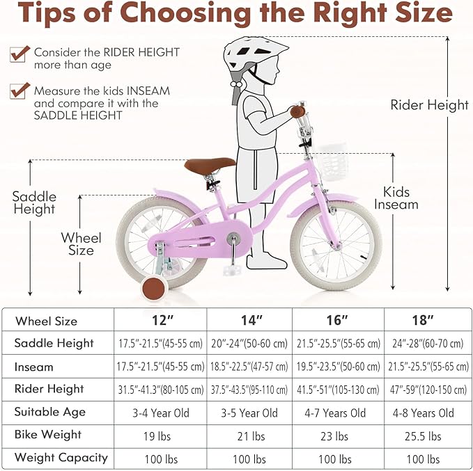 COSTWAY Kids Bike, 12 14 16 18 Inch Toddler Bike Children Bicycle w/Training Wheels, Hand & Coaster Brakes, Adjustable Saddle & Handlebar, Basket, Bell, Kids Bicycle for Girls Boys Aged 3-8 Years Old