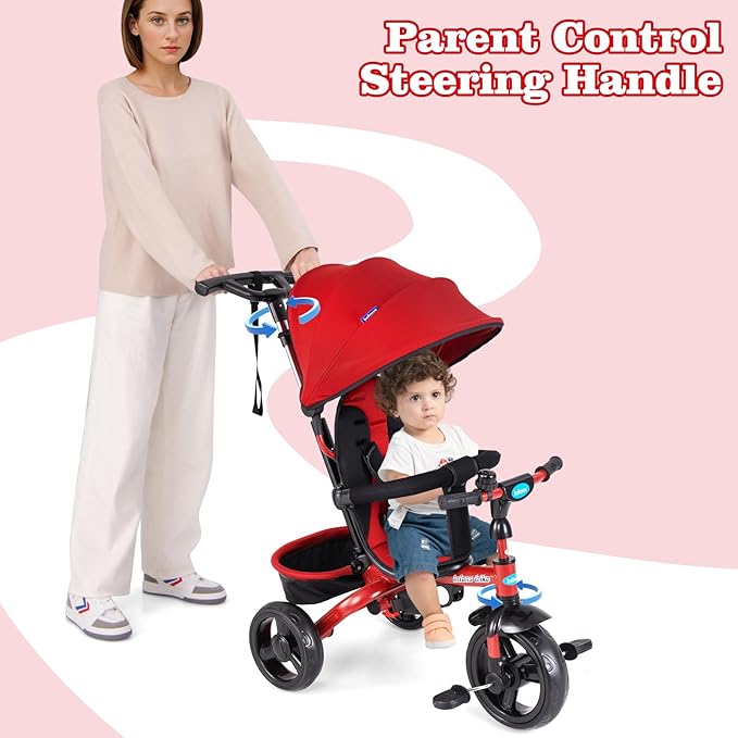 INFANS Kids Tricycle, 6 in 1 Stroll Trike with Adjustable Push Handle, Removable Canopy, Retractable Foot Plate, Lockable Pedal, Detachable Guardrail, Suitable for 10 Months to 5 Years (Red)