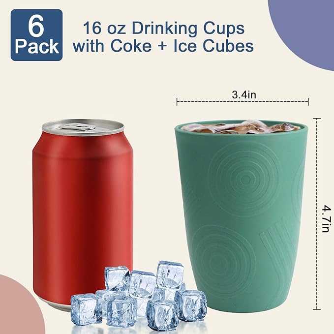 Drinking Cups Set Wheat Straw Cups 16 OZ - Reusable Water Cups Plastic Drinking Glasses 6 PCS Dishwasher Safe Cup Unbreakable Kitchen Cup for Camping, Outdoor Activities -Green