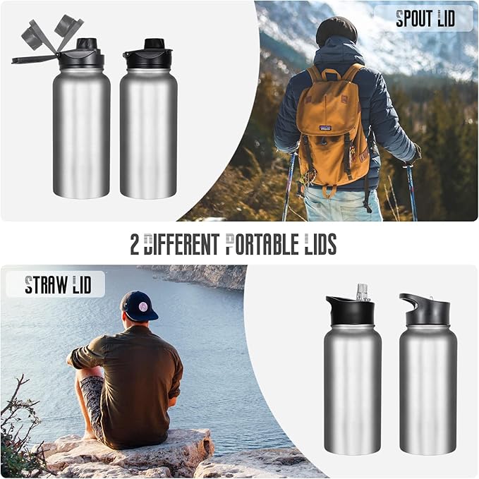 32 oz Insulated Water Bottle Bulk 8 Pack, Stainless Steel Sports Water Bottles with Straw Lid & Wide Mouth Lids, Double Walled Vacuum, Leak Proof, Stainless Steel