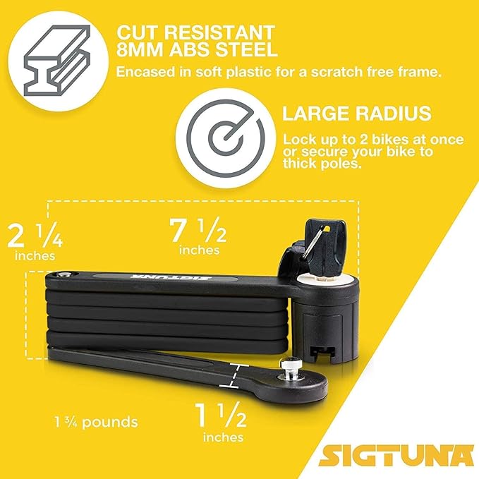 SIGTUNA Folding Bike Lock - Hardened Steel 8mm Fold-Up Heavy Duty Bike Lock with Easy Mounting, Secure Lock and Anti-Scratch Coating - Easily Keep Bike Secure and Paintwork Undamaged - Bicycle Lock