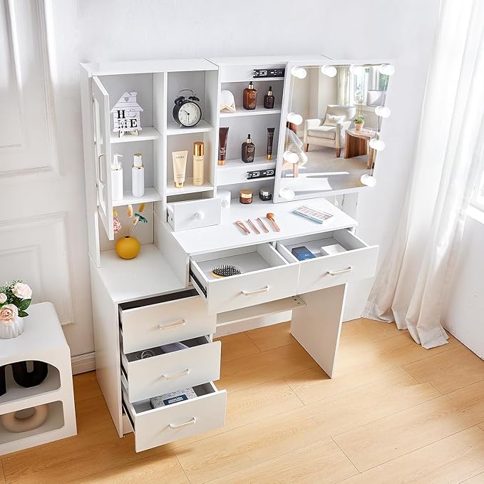 Large Vanity Desk with LED Lighted Mirror, 6 Drawers, 1 Door Cabinets, 6 Oppen and Hidden Shelves Makeup Table with Brightness Adjustable, Dressing Vanity Set for Girls