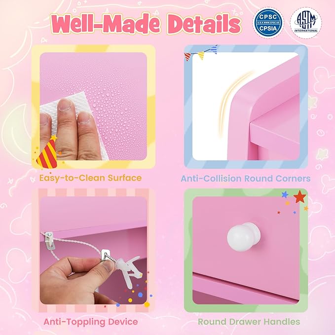 HONEY JOY Kids Vanity, Little Girls Vanity Set with Mirror and Stool, Drawers, Toddler Makeup Vanity Dressing Table, Wooden Pretend Play Kids Vanity Table and Chair Set (Pink)