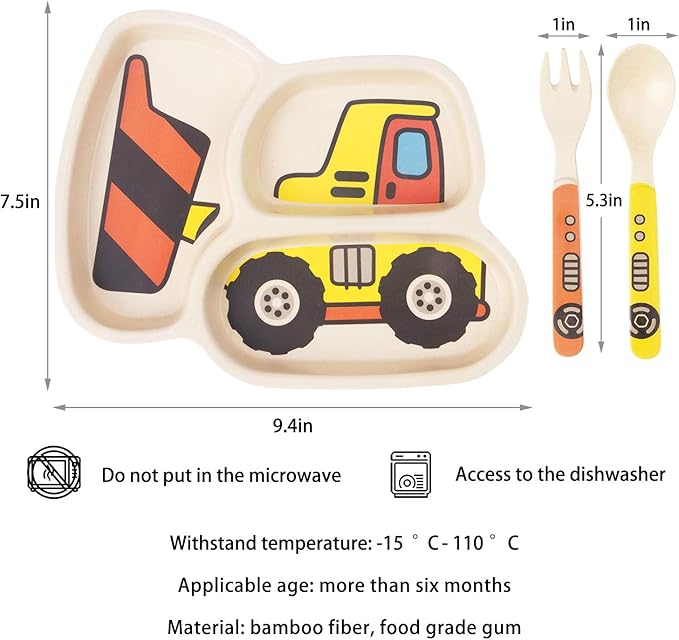 Kid Plate Set Bamboo Toddler Plates Dinnerware Dinner Dish Set Baby Feeding Spill Proof Divided Plate - Baby Spoon and fork 3-Piece Set for Kids and Toddlers Teaches Child Portion Control