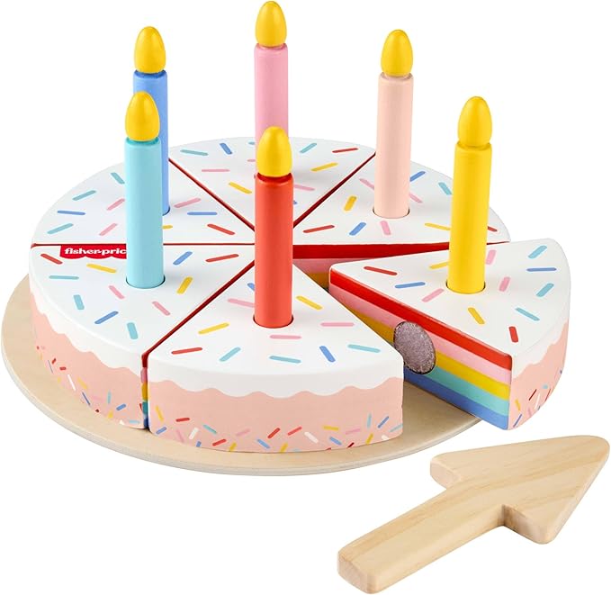 Fisher-Price Wood Pretend Play Toy Cake Set, 14-Piece Wooden Food Decorating & Serving Play for Preschool Kids Ages 3+ Years