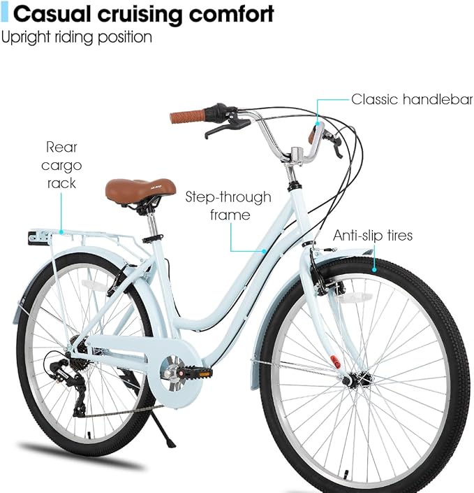 HILAND 26 inch Beach Cruiser Bike for Men and Women, 7 Speed Step-Through Frame Adult Bicycle with Rear Rack, Retrospec Bike Commuter City Bicycle
