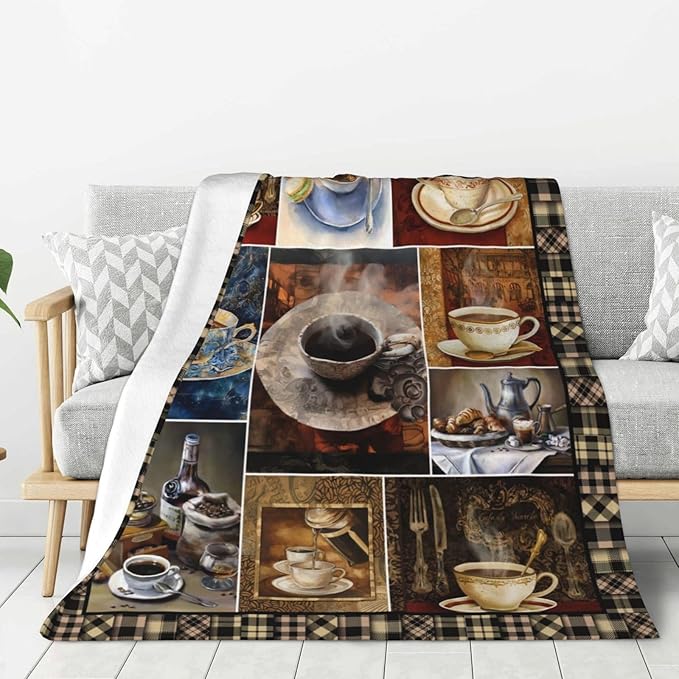 Vintage Coffee Blanket Drink Cup Lover Throw Blankets for Girls Boys Adult Women Men Plush Cozy Flannel Fleece Ultra Soft Fuzzy Party Blanket Gifts for Bed Couch Sofa 80"X60"