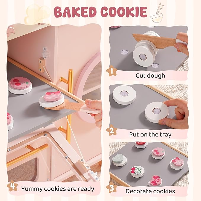 ROBUD Play Kitchen, Pink Toy Kitchen Playset with Pretend Coffee Maker & Toaster for Toddler Aged 3+, Wooden Kids Kitchen of Birthday Gift to Kids, WCF57