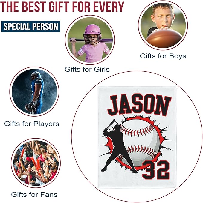 Personalized Baseball Blankets with Name Numbers, Custom Baseball Team Game Throw Flannel Blankets Stuff Gifts for Boys Sports Lover Fans Kids Adult