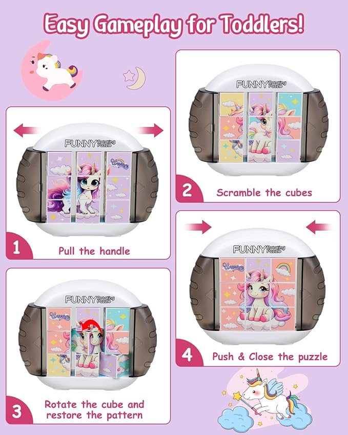 Rotating 3D Puzzle for Kids 3 4 5 6 7 Year Old, 4 Puzzles in 1, Handheld Game Fidget Toys for Travel, Cars & Plane, Fine Motor Skills Developing (Magical Unicorn Squad)