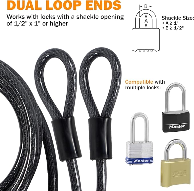 Lumintrail 12mm (1/2 inch) Heavy-Duty Security Cable, Vinyl Coated Braided Steel with Sealed Looped Ends (4', 7', 10', 15', 20', 25' or 30') (25-FT)