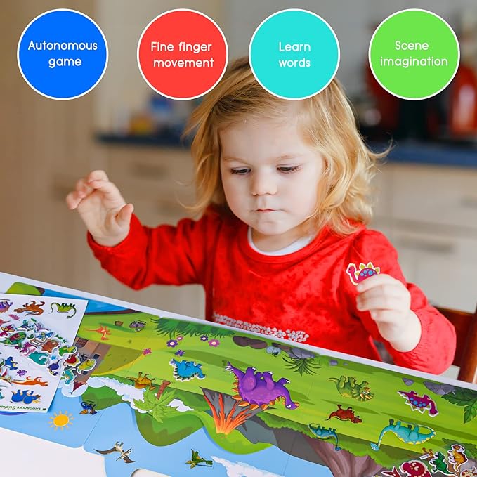 ASTARON Reusable Sticker Book for Toddlers, 88 Pcs Dinosaur Stickers Road Trip Activities Car Airplane Activities Travel Toys for Kids, Kids Quiet Time Activities (2-6 Age)