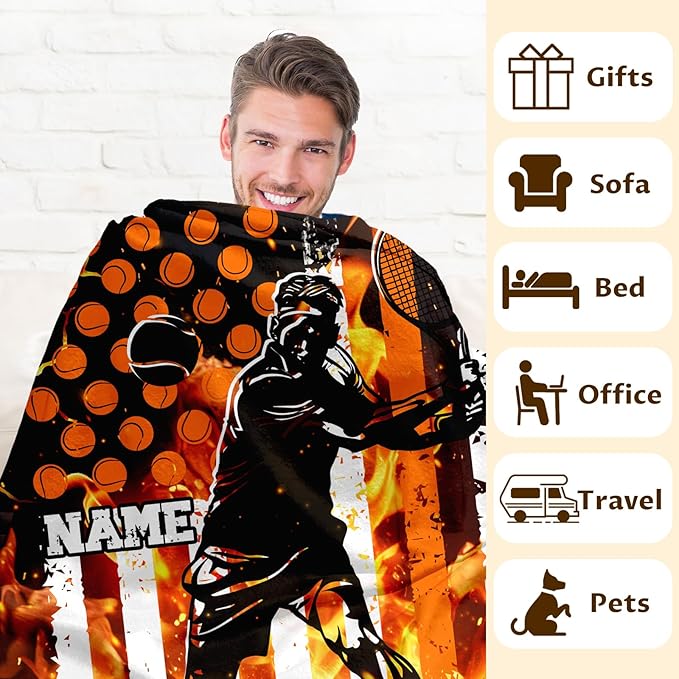 Personalized Name Blanket for Boys, Tennis Throw Blanket Gift for Kids Teens, Custom Stuff for Tennis Lovers, 50x40 Inches Sport Blanket for Couch Sofa Bed