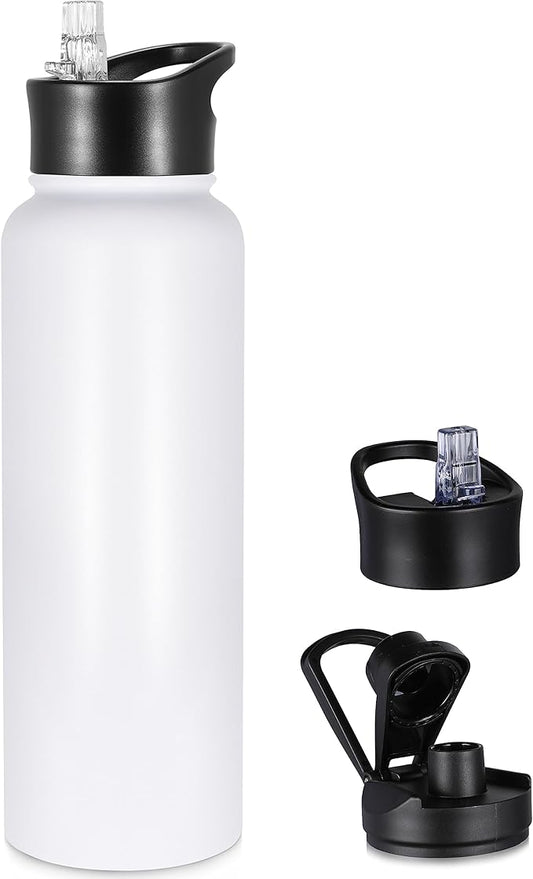40 oz Insulated Water Bottle with Straw, Stainless Steel Sports Water Bottles with 2 Lids (Straw and Wide Mouth lid), Double Wall Vacuum, Leakproof, BPA-Free, White