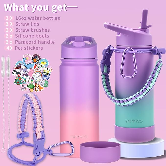 Mininoo Kids Water Bottle for School, 16oz Stainless Steel Insulated Water Bottle Kids with Paracord Handle for Girls, Boys (2 Pack)